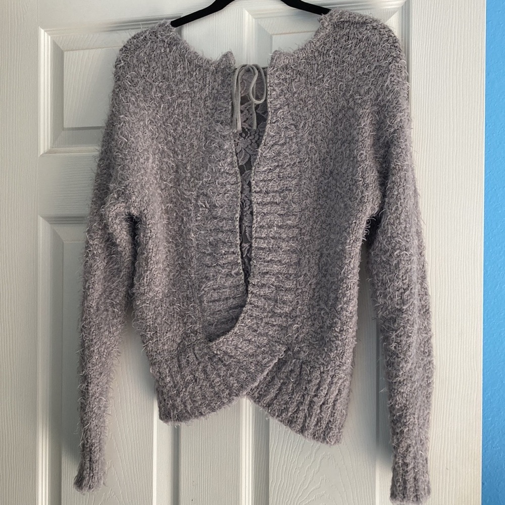Fuzzy Grey Sweater! Peek-a-boo Lace Back! Look cute and feel cozy! Size:S